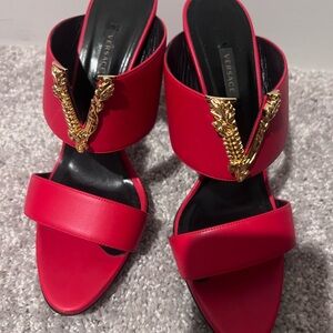 Versace Red Heels with Gold Accents